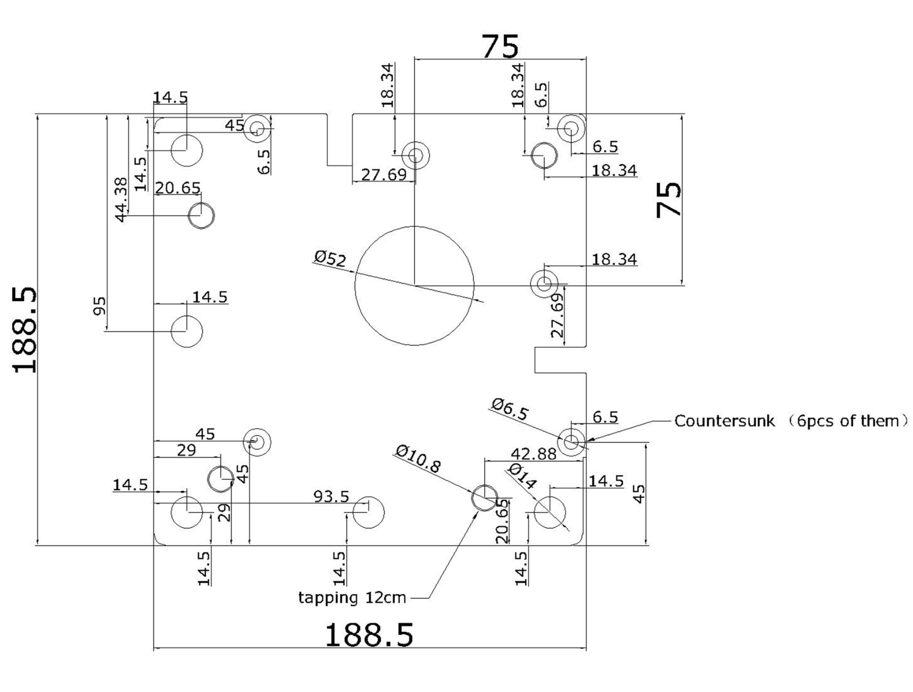 Plan coté de la platine de fixation ST10™