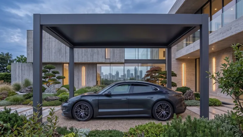 Carport ST10C : structure aluminium à quatre poteaux abritant une berline, devant une maison contemporaine — vue d’illustration