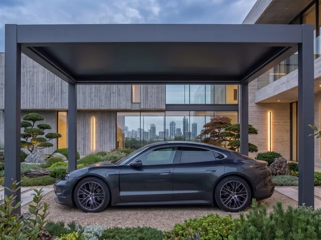 Carport ST10C : structure aluminium à quatre poteaux abritant une berline, devant une maison contemporaine — vue d’illustration