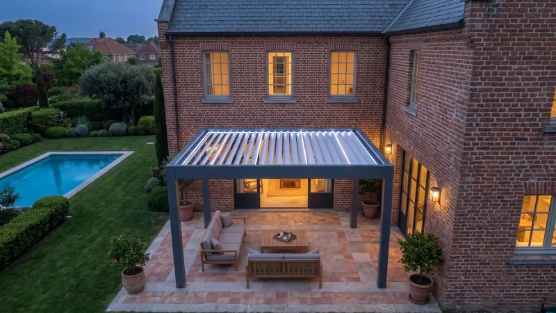 Pergola bioclimatique adossée à une maison, lames fermées