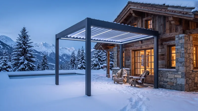 Pergola bioclimatique adossée à un chalet de montagne sous la neige — vue d’illustration