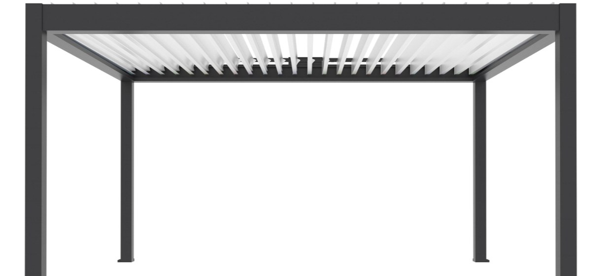 Rendu 3D d’une pergola à lames orientables, vue de face sur fond blanc