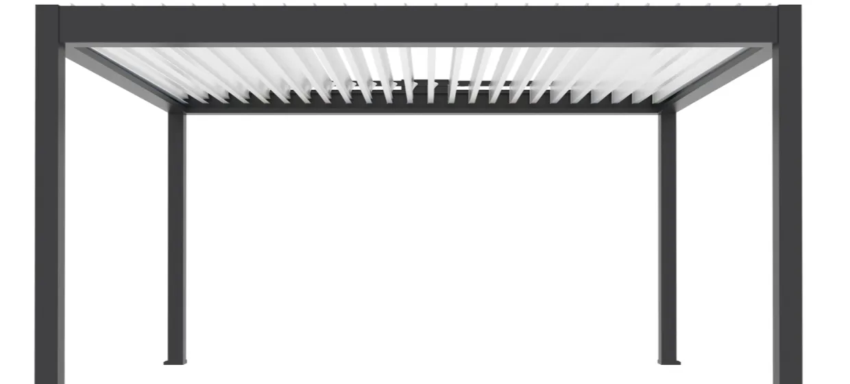 Rendu 3D d’une pergola à lames orientables, vue de face sur fond blanc