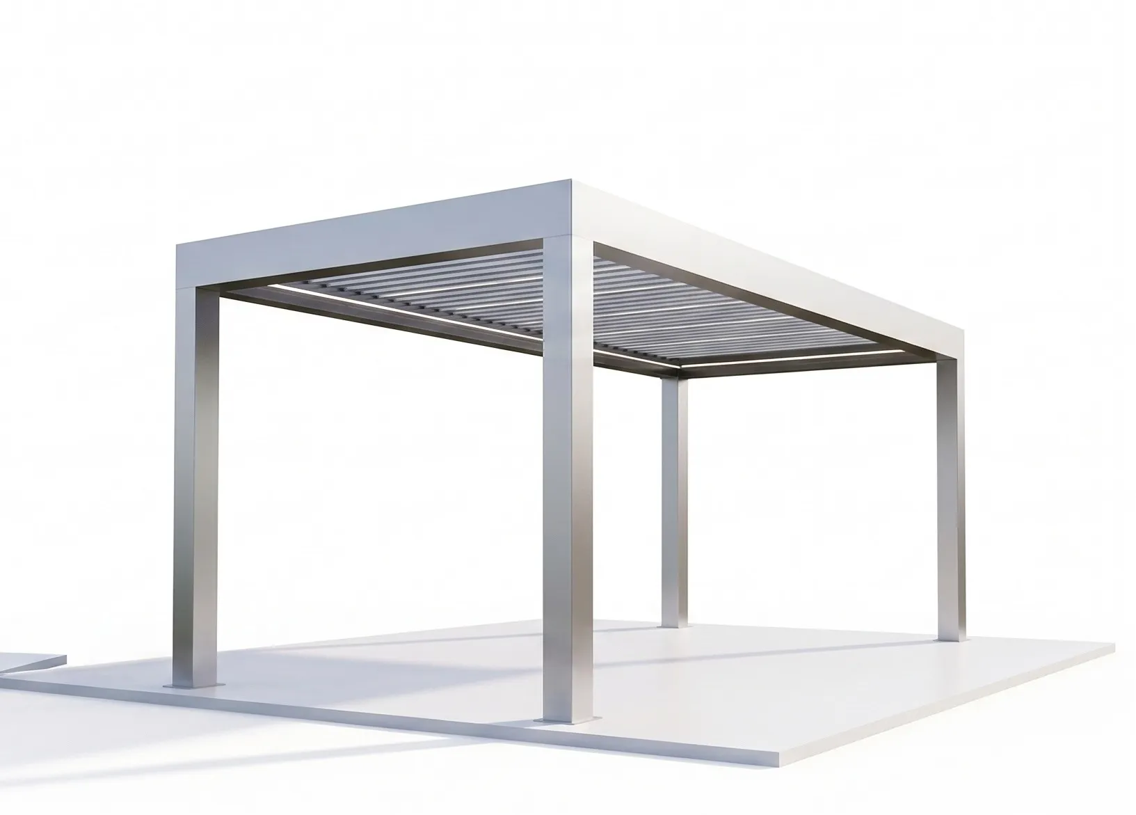 Pergola bioclimatique ST10L Luxe sur fond neutre : structure aluminium à quatre poteaux, grande portée et lames orientables éclairées