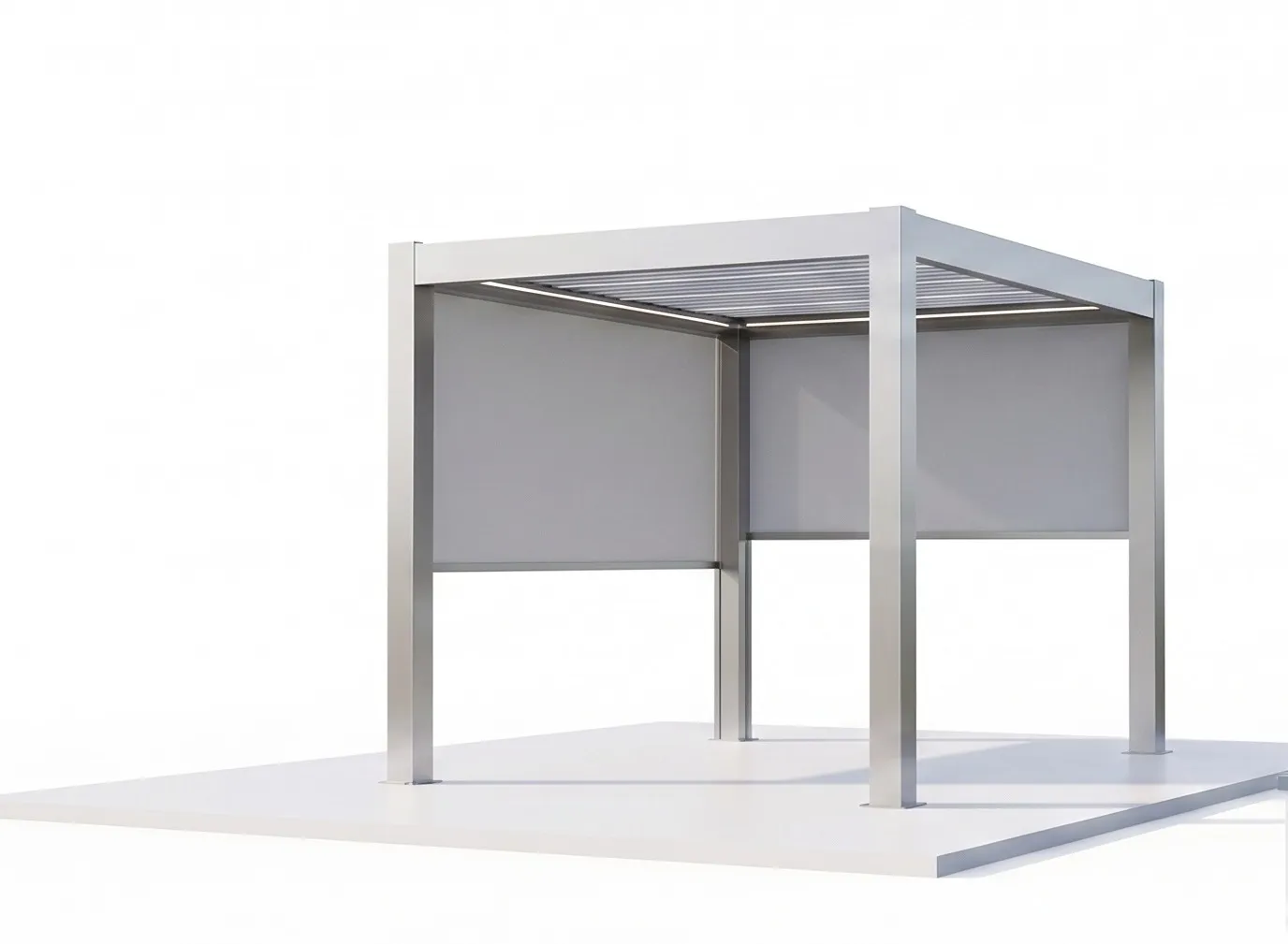 Pergola bioclimatique ST10P Premium sur fond neutre : structure aluminium à quatre poteaux, lames orientables et stores verticaux sur deux côtés